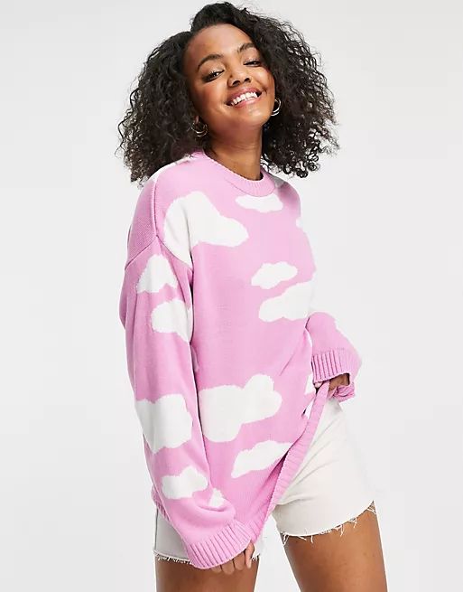 ASOS DESIGN jumper with cloud pattern in pink | ASOS (Global)