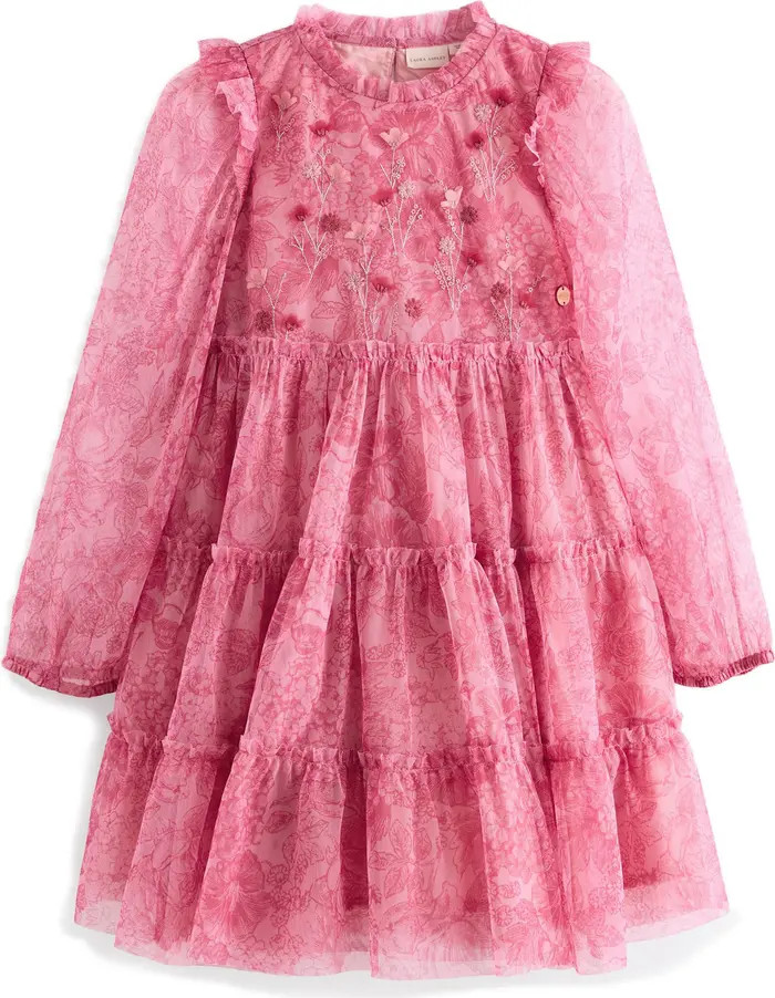 Kids' Embroidered Ruffle Long Sleeve Tiered Mesh Dress | Nordstrom