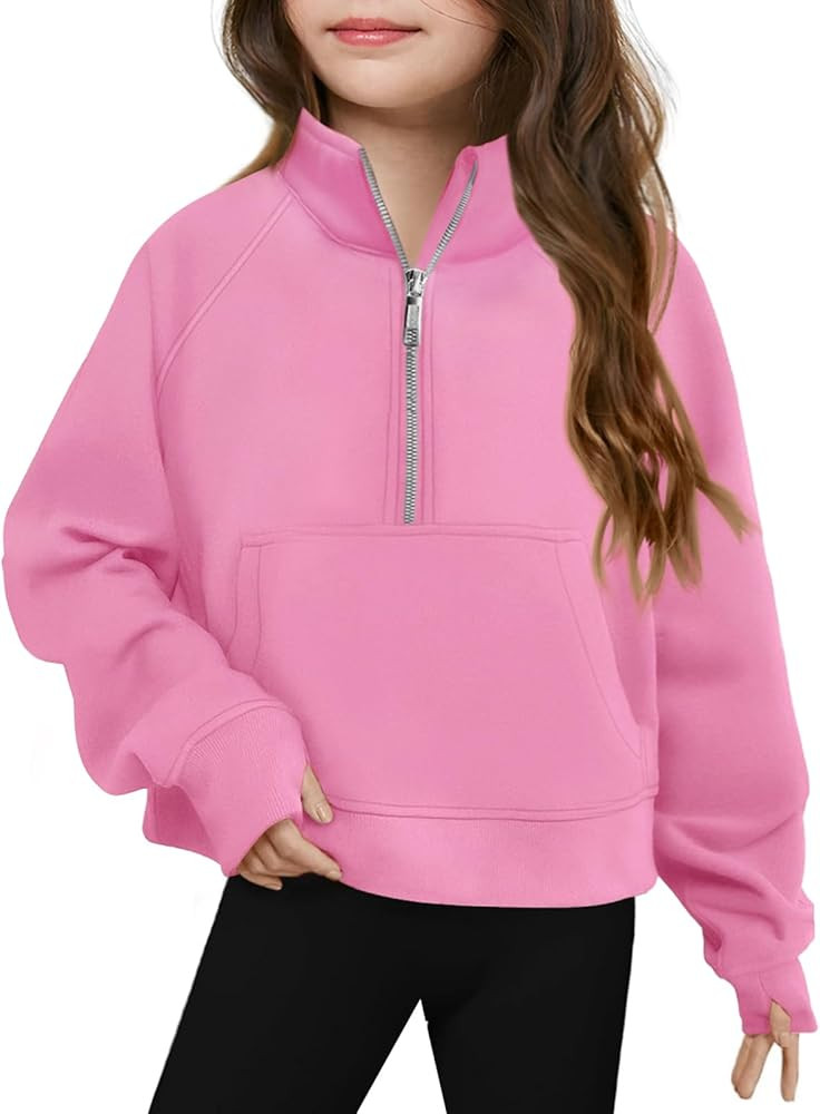 Haloumoning Girls Half Zip Sweatshirt Long Sleeve Pullover Crop Tops Kids Lightweight Fleece Fash... | Amazon (US)
