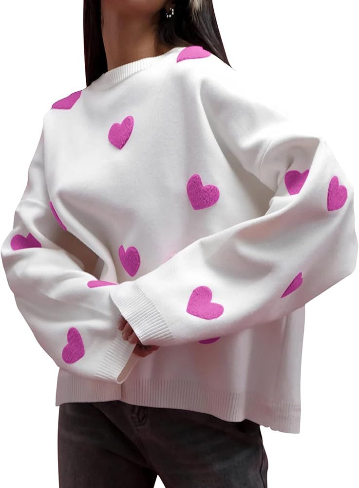 Burtell Women Oversized Heart Embroidery Crew Neck Knit Sweaters Cute Chunky Long Sleeve Heart Kn... | Amazon (US)
