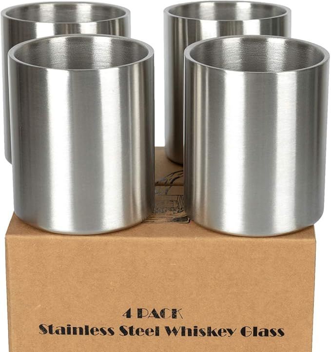 Whiskey Glass Set of 4 Stainless Steel Lowball Glasses - 10 oz Insulated Shatterproof Outdoor Bou... | Amazon (US)