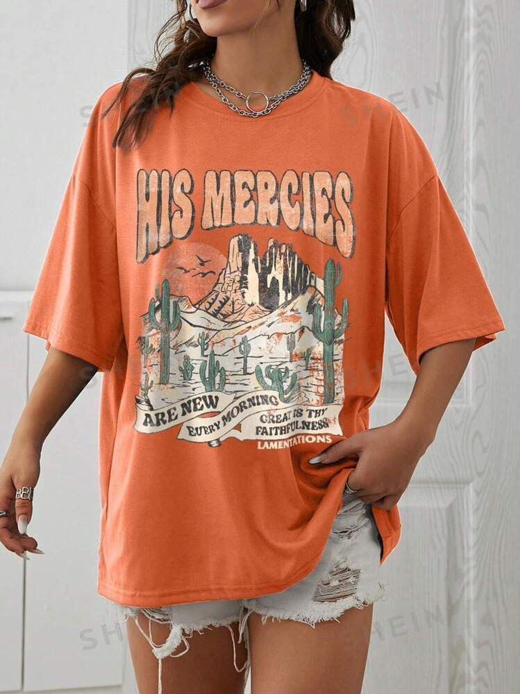 SHEIN EZwear Cactus & Letter Graphic Drop Shoulder Tee HIS MERCIES ARE NEW EVERY MORNING GREAT IS... | SHEIN