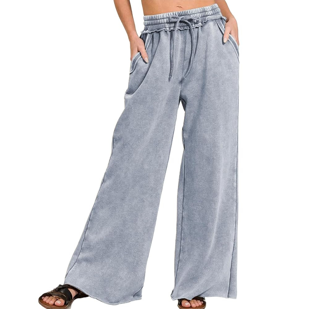 Ainangua Women Acid Wash Palazzo Sweatpants Casual High Waist Drawstring Wide Leg Pants Baggy Fle... | Amazon (US)