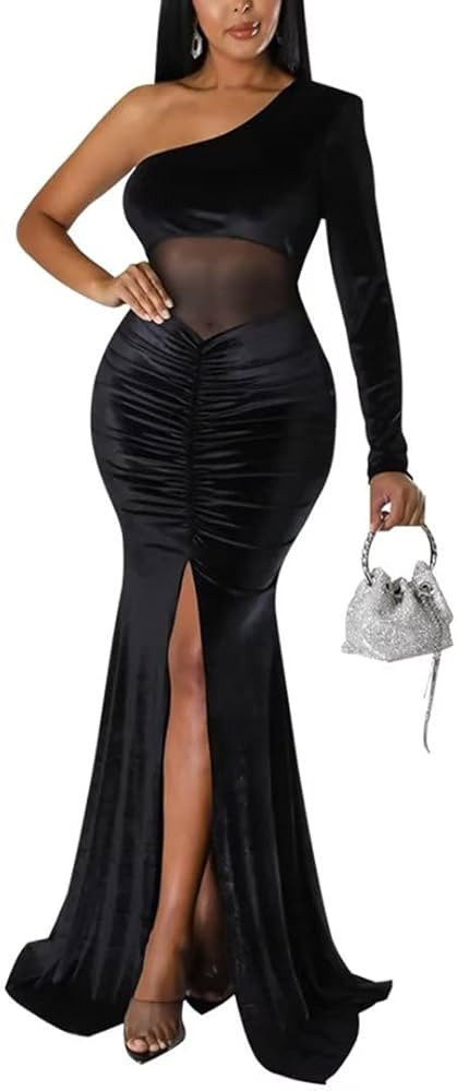 Women One Shoulder Velvet Dress Ruched Bodycon Maxi Cocktail Party Holiday Dress Formal Evening G... | Amazon (US)