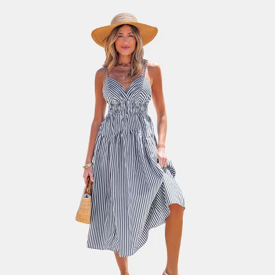 Women's Striped Spaghetti Strap Maxi Dress with Smocked Bodice - Cupshe-M-Black | Target