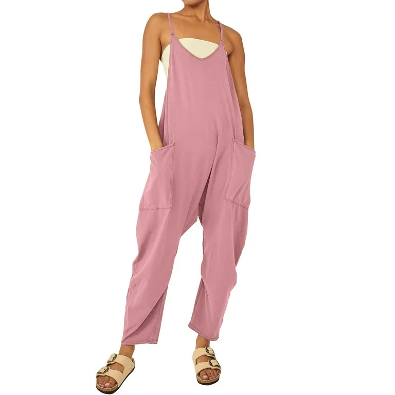 STARVNC Women Solid Color V Neck Sleeveless Pockets Jumpsuit | Walmart (US)