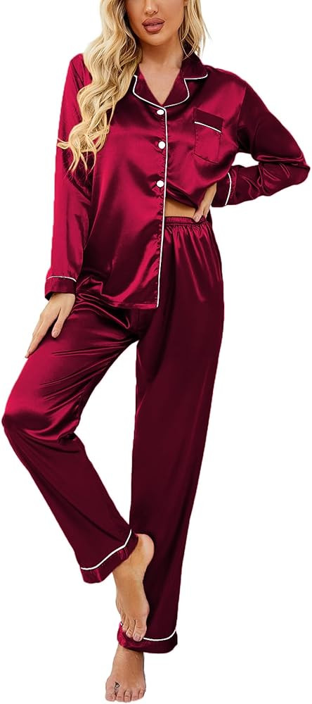 Ekouaer Women's Classic Button Down Long Satin Silk Pajama Set | Amazon (US)