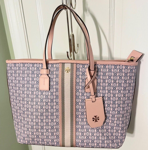 Tory Burch Gemini Link Tote Bag Pink and Navy Coated Canvas NWOT | eBay US