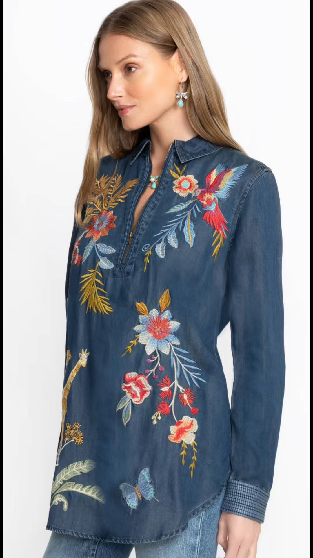 Sale-Zip up Shirt Tunic  
Intricately embellished with colorful placement embroidery.

#LTKStyleTip #LTKSaleAlert #LTKActive