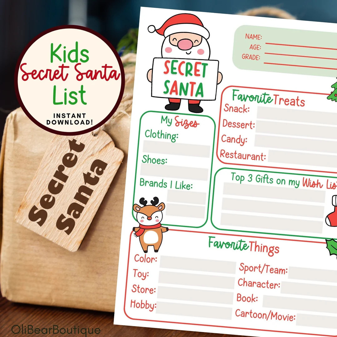 Kids Secret Santa List Secret Santa Questionnaire for Kids - Etsy | Etsy (US)