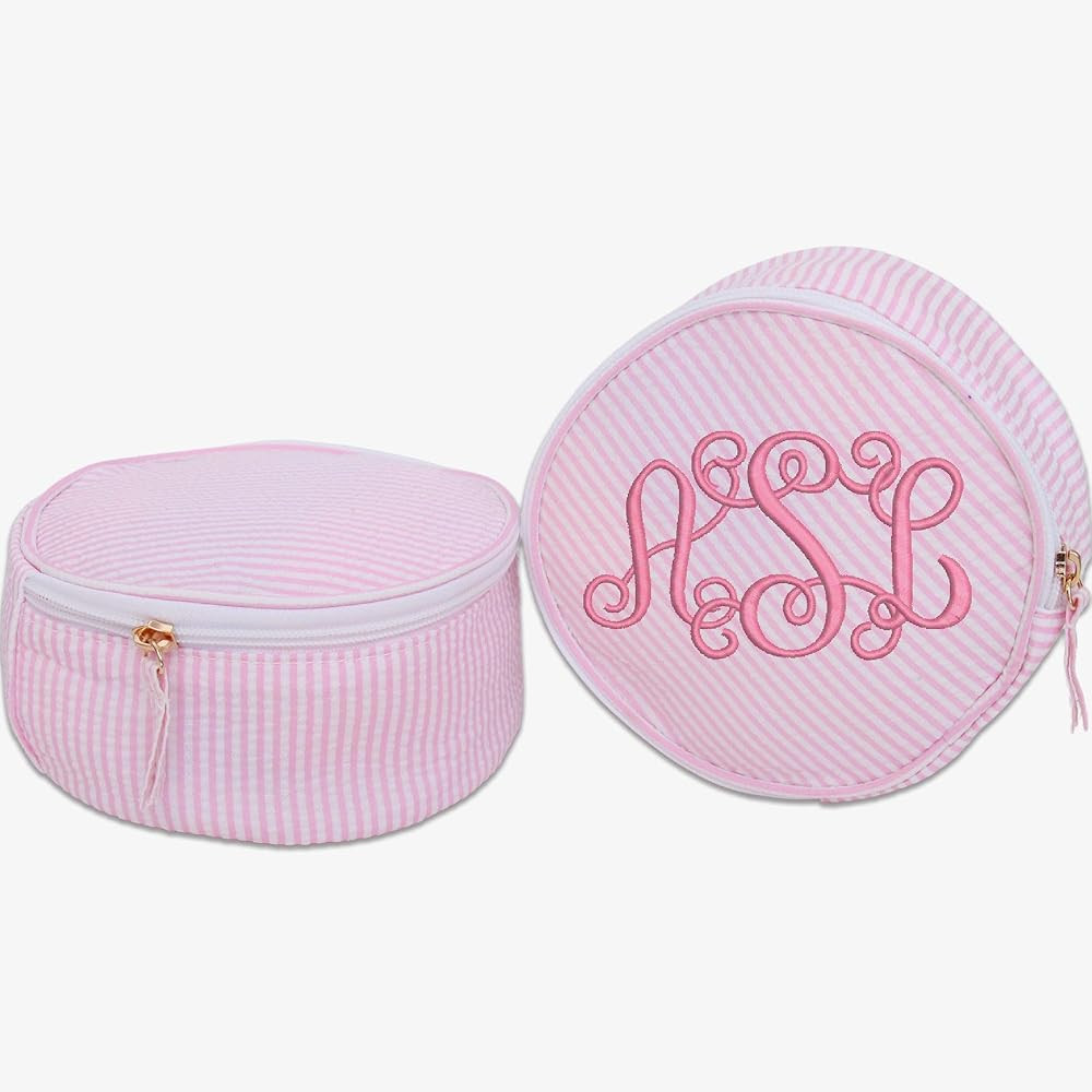 Threadart Personalized Round Cosmetic Bag with Embroidery – Light Pink Seersucker - Custom Mono... | Amazon (US)