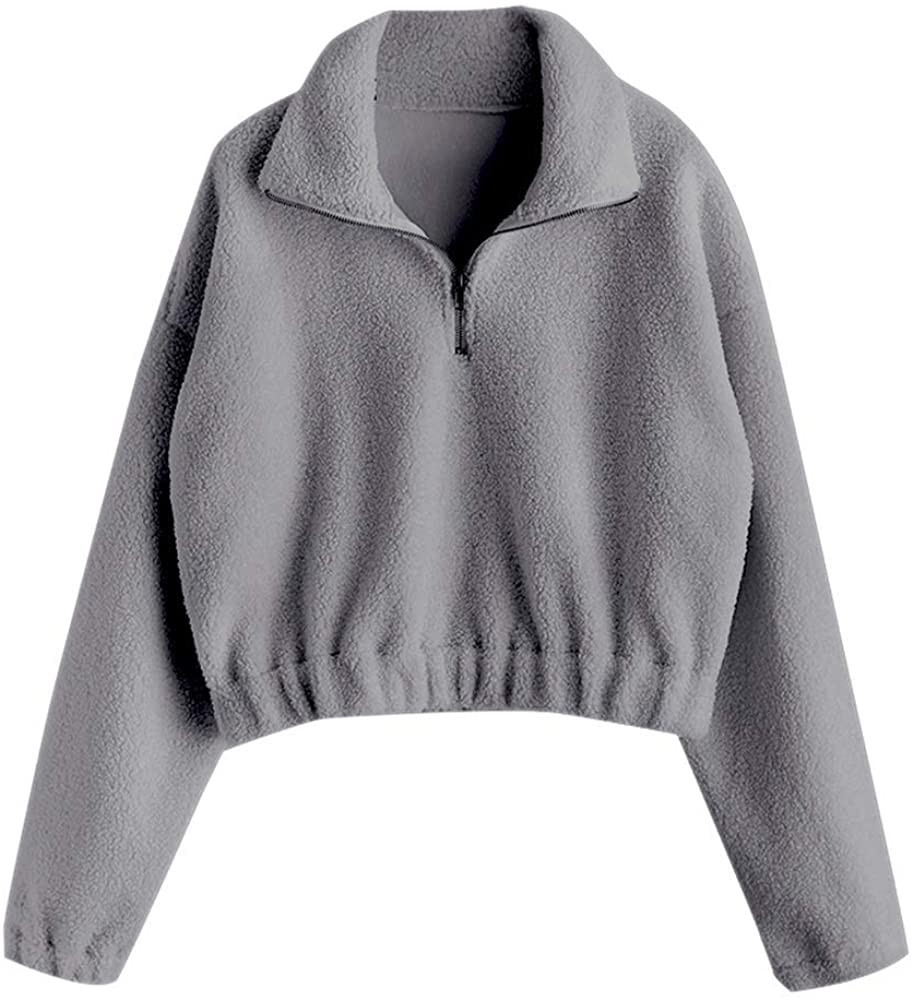 ZAFUL Women's Fashion Long Sleeve Lapel Half Zip Plain Faux Fur Sweatshirt Solid Color Crop Pullo... | Amazon (US)