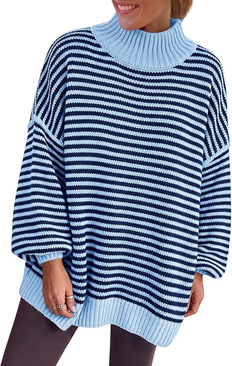 Saodimallsu Womens Oversized Striped Chunky Sweater Mock Neck Knit Tops | Amazon (US)