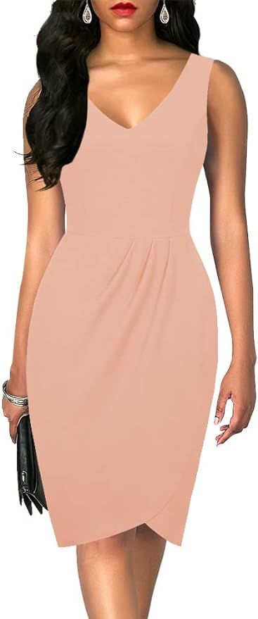 MISSJOY Women's Sleeveless V Neck Casual Cocktail Party Bodycon Slim Wrap Ruched Dress | Amazon (US)