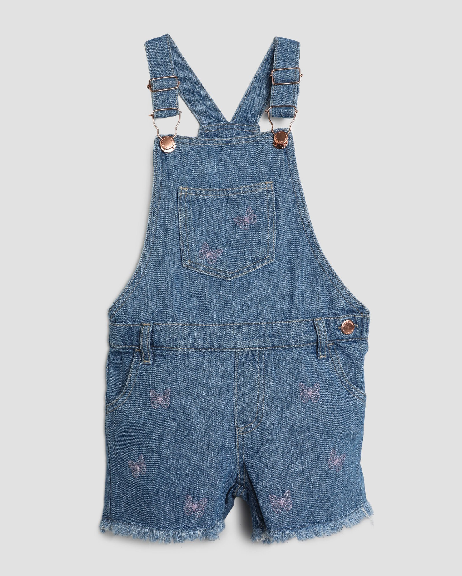 Jardineira jeans infantil borboletas 4-10A denim médio | Pool Kids | Riachuelo (BR)