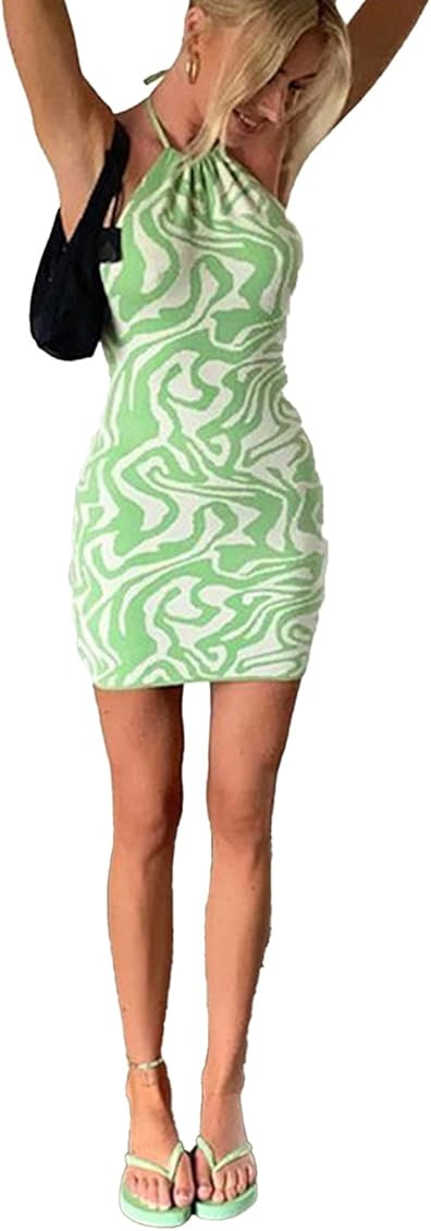 shaopan66 Halter Dress Knitted Sleeveless Bodycon Mini Dress Party Beach Sundresses for Women | Amazon (US)