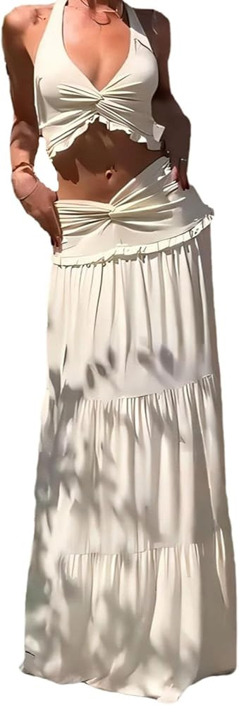 Maxi Skirt Set Women 2 Piece Outfits Sleeveless Strap Top Maxi Skirt Solid Going Out Vacation Two... | Amazon (US)
