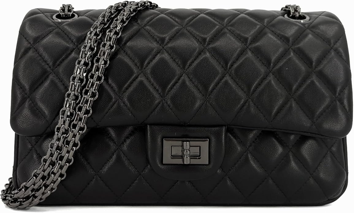 Quilted Leather Crossbody Bags for Women,Soft Lambskin Adjustable Double Chain Strap Shoulder Bag... | Amazon (US)