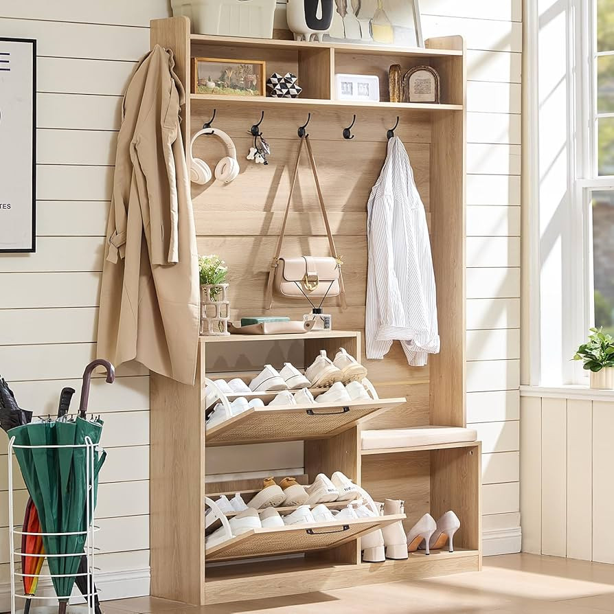 LEYAOYAO 78" Tall Boho Hall Tree with Bench & Shoe Storage, 4-in-1 Mudroom Rattan Coat Rack with ... | Amazon (US)