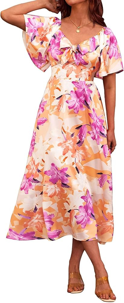 Fashionme Womens Dresses 2026 Maxi Dresses Deep V Neck Elegant Bow Tie Front Cap Sleeve Summer Fl... | Amazon (US)