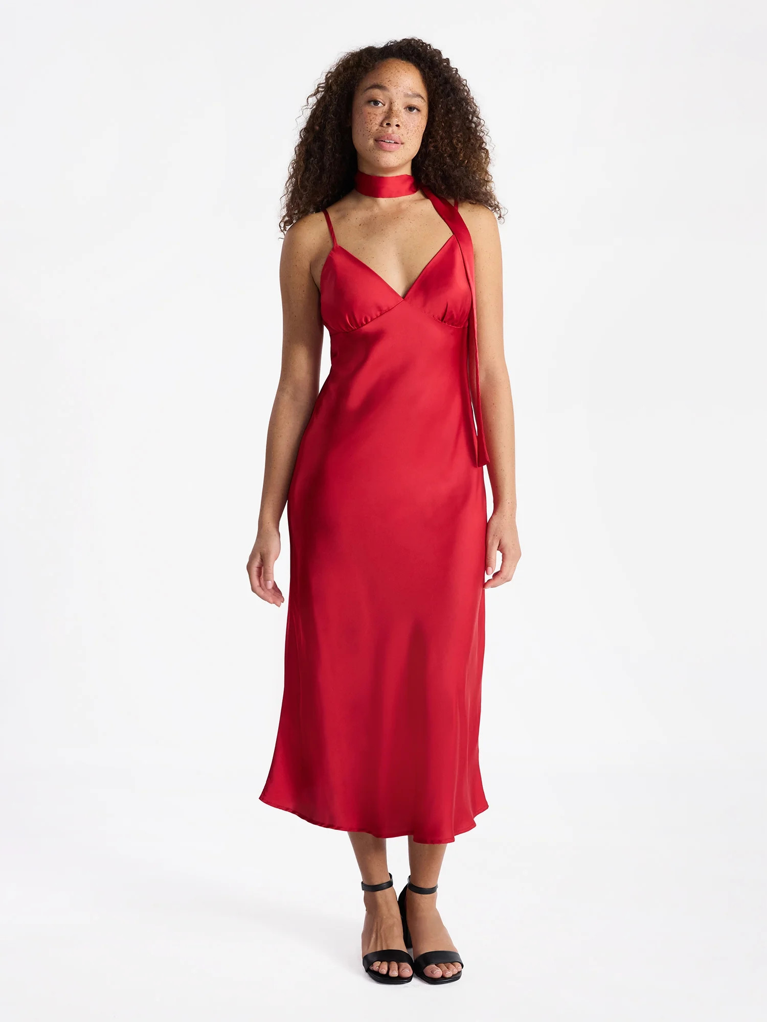 No Boundaries V-Neck Satin Maxi Dress with Scarf Set, 2-Piece, Women's | Walmart (US)