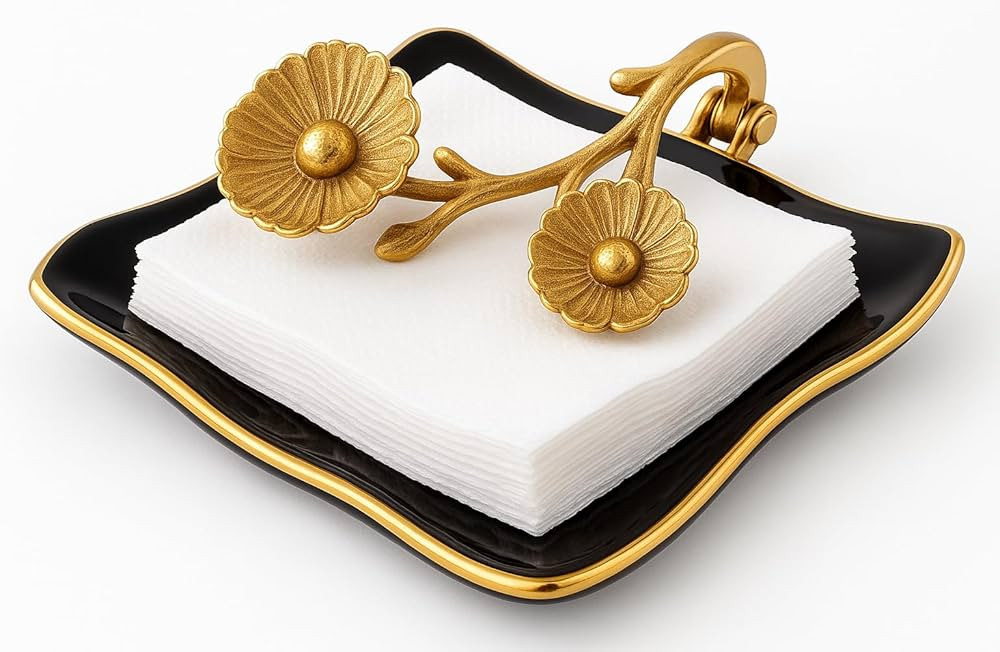 Bronze Gold Floral Napkin Holder Decor - Golden Brass Flower Detail & Black Reflective Tray, Pape... | Amazon (US)