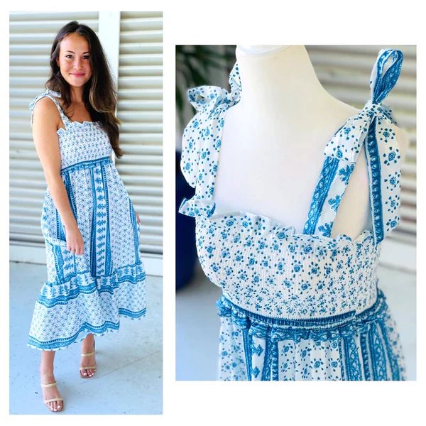 Blue & White Smocked Lucille Dress | James Ascher