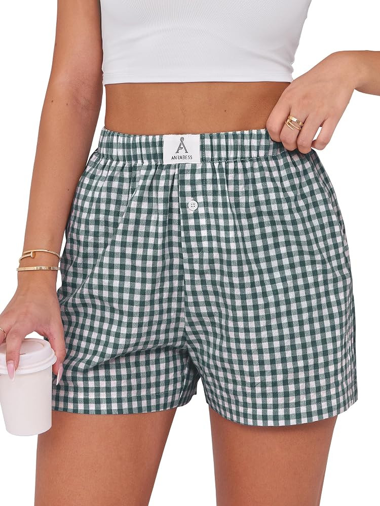 ANRABESS Boxer Shorts for Women Gingham Pajama 2026 Summer Casual Lounge Sleep Plaid Shorts Y2K B... | Amazon (US)