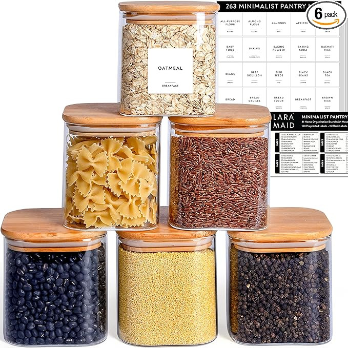 Laramaid 27oz 6Packs Square Glass Jars Set with 263 Minimalist Pantry Labels, Square Pantry Jars ... | Amazon (US)