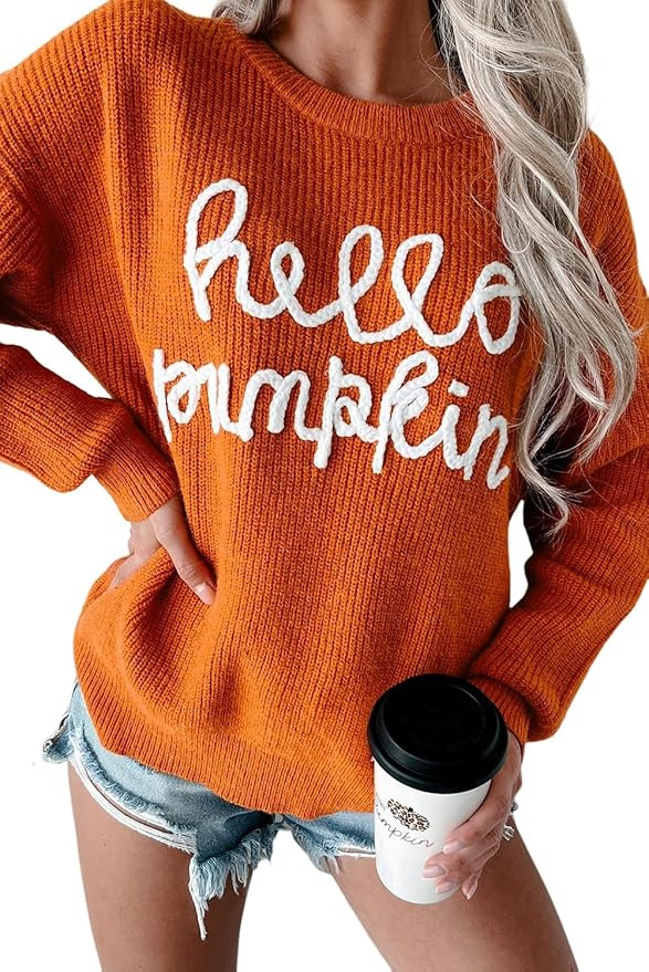 MARZXIN Women 2024 Hello Pumpkin Graphic Sweater Casual Pullover Tops Halloween Holiday | Amazon (US)