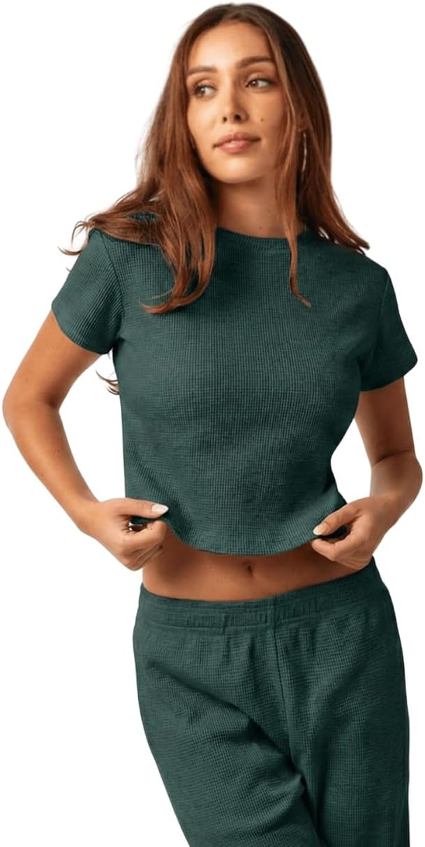 Almere Waffle Knit Lounge Set for Women Baby Tee and Sweatpants | Amazon (US)