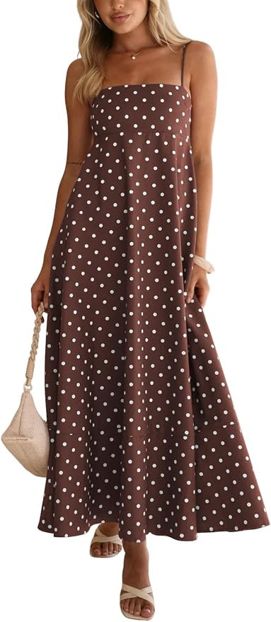 chouyatou Women's 2026 Vintage Polka Dot Maxi Dress Back Smocked Spaghetti Strap Ruffle Hem Swing... | Amazon (US)