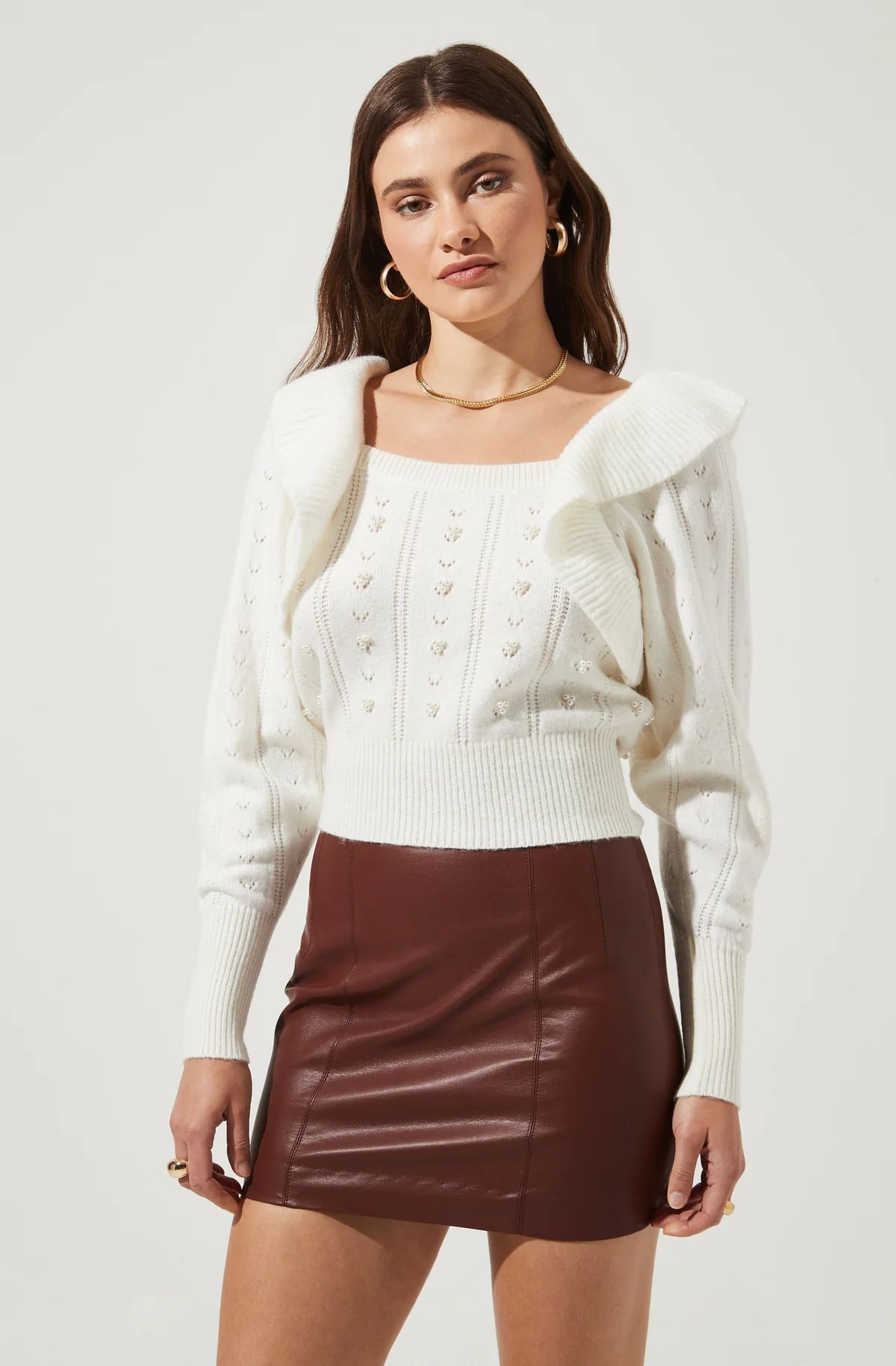 Cabot Ruffle Faux Pearl Embellished Sweater | ASTR The Label (US)