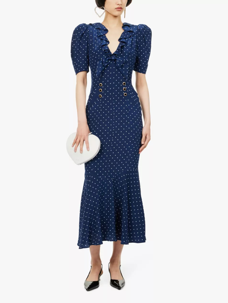 V-neck ruffle-trim silk midi dress | Selfridges