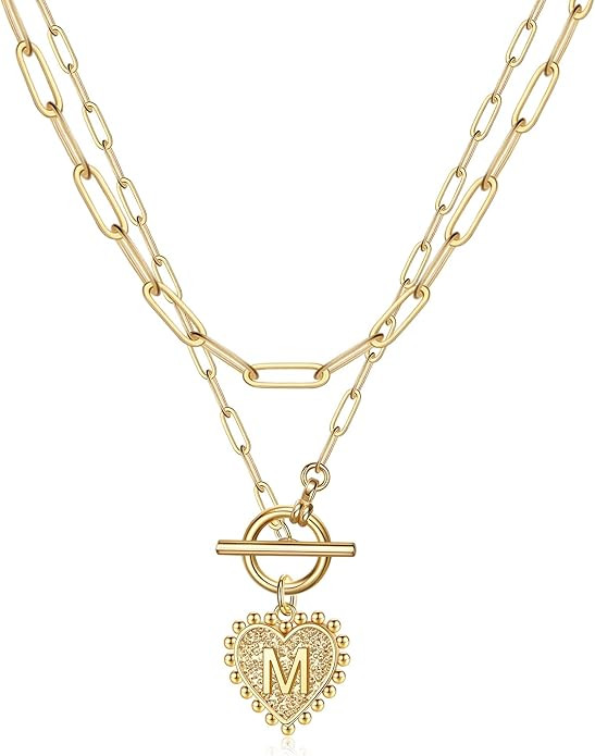 Layered Gold Initial Necklaces for Women, 14K Gold Plated Paperclip Chain Necklace Heart Letter P... | Amazon (US)