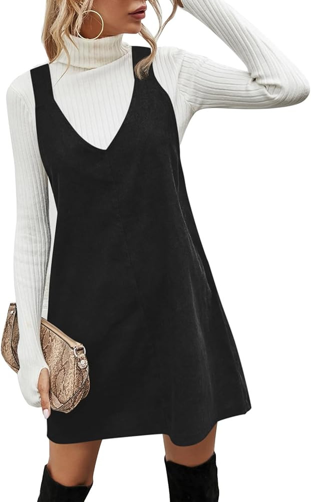 Koinshha Women V Neck Corduroy Overall Dress Casual Loose Short Pinafore Dresses Cute Mini Jumper... | Amazon (US)