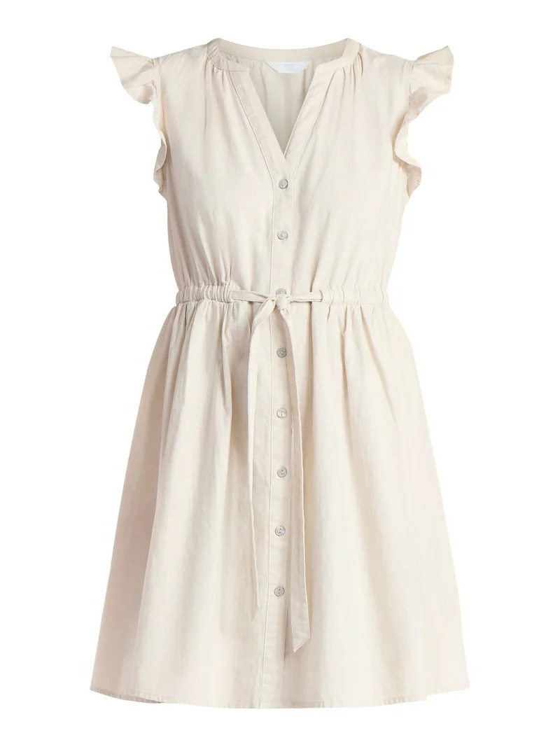 Time and Tru Women's and Women's Plus Button Front Cotton Mini Dress with Flutter Sleeves, Sizes ... | Walmart (US)