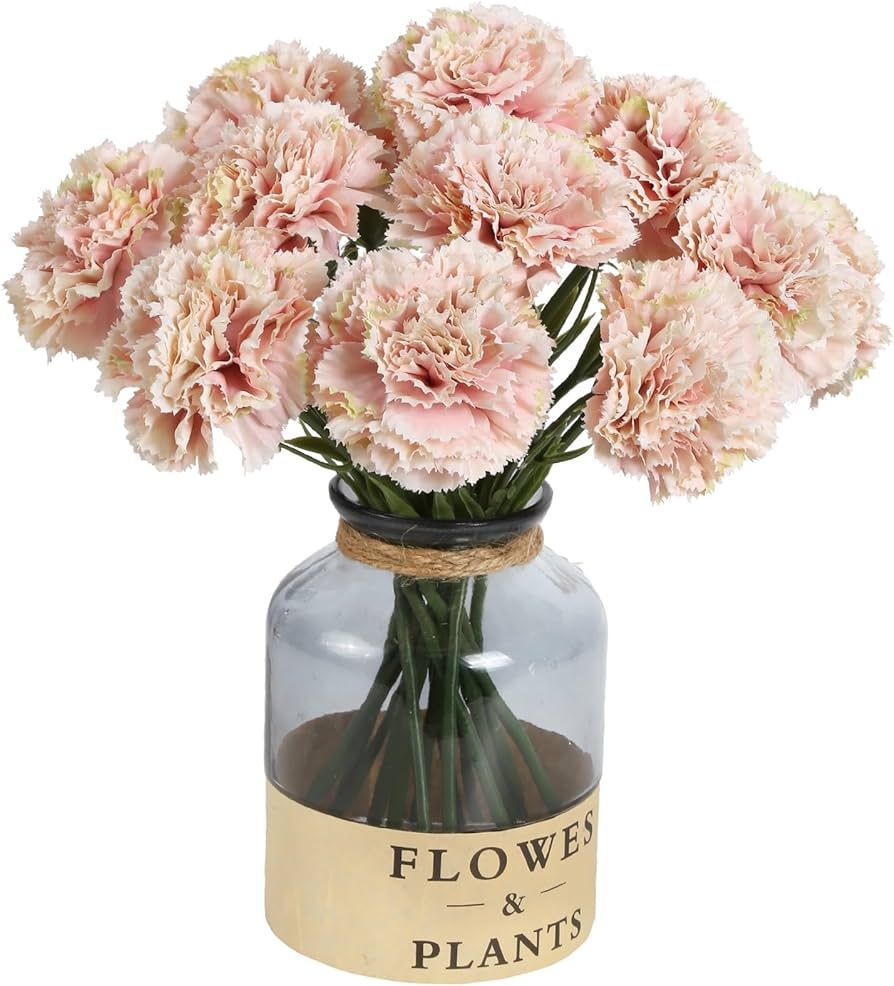 Light Pink Artificial Carnation Silk Flowers 15pcs Fake Carnation Pink Artifcial Flowers with Ste... | Amazon (US)