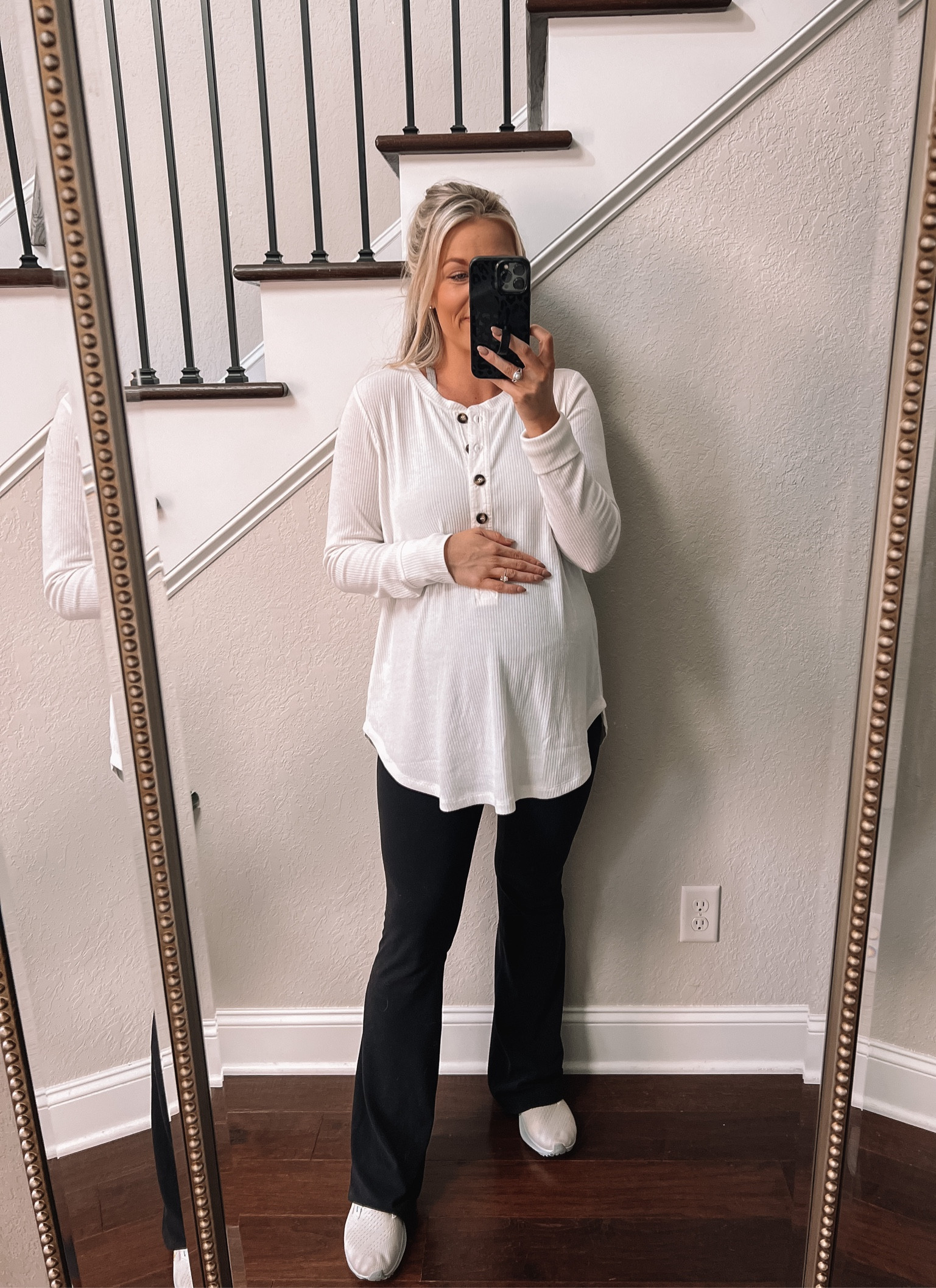 Today’s outfit 🫶🏼 Top is maternity from Bae the Label & wearing size 6 in my Lululemon flare leggings. 

Maternity friendly | bump style | bump fashion | maternity fashion 

#LTKfit
