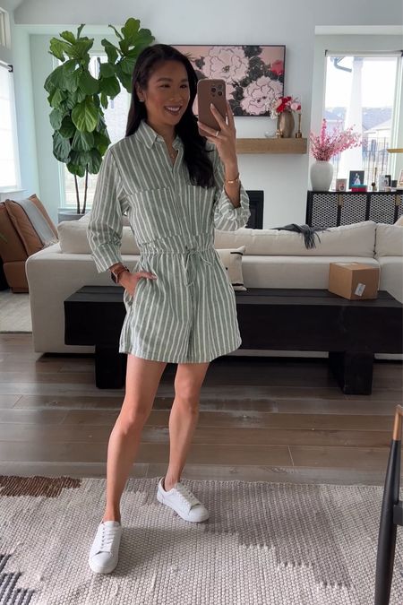 Linen-blend romper that is stunning for spring! I love the pockets, shirt collar, and striped pattern. Looks super pretty dressed down with sneakers or dressed up with sandals. On sale for 20% off! I all wearing size XS 

#LTKSeasonal #LTKsalealert #LTKstyletip