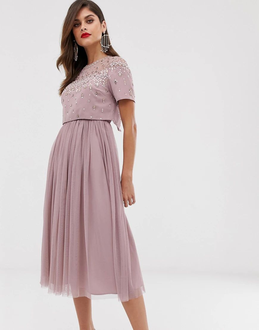 ASOS DESIGN midi dress with embellished crop top and mesh skirt-Pink | ASOS (Global)