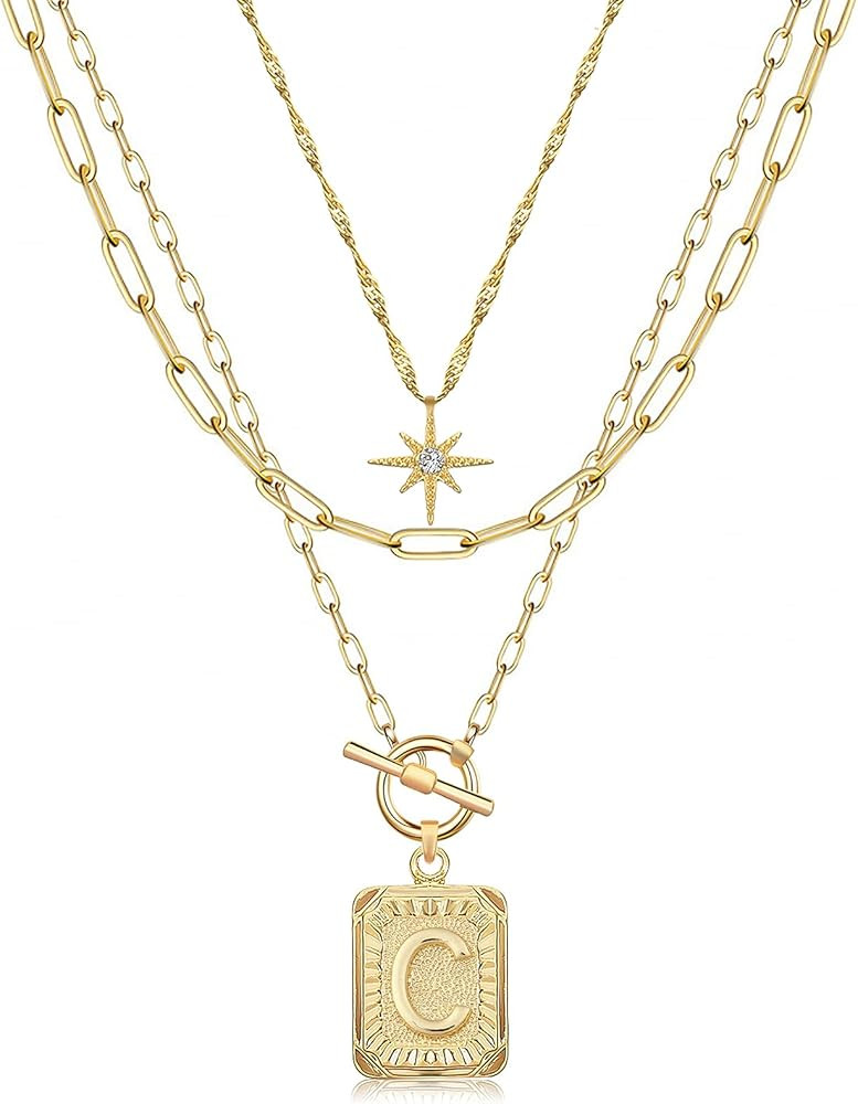 MJartoria Layered Initial Necklaces for Women Trendy, 14K Gold Plated Simple Star Choker Square L... | Amazon (US)