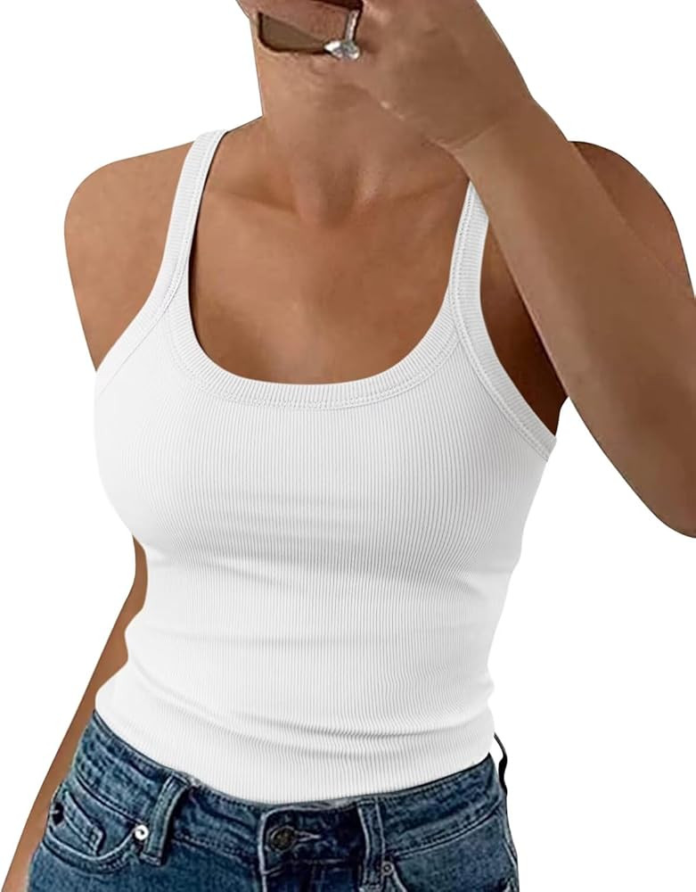 EADINVE Women's Spaghetti Strap Ribbed Tank Tops Scoop Neck Sleeveless Slim Fit Camisole 2024 | Amazon (US)