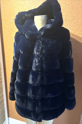 BCBG MAXAZRIA Hooded Felicia Faux Fur Coat Small Sapphire Blue | eBay US