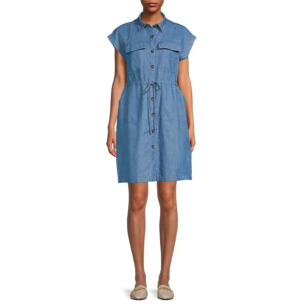 Time and Tru Women's Short Sleeve Woven Knee Length Cinch Waist Shirt Dress - Walmart.com | Walmart (US)