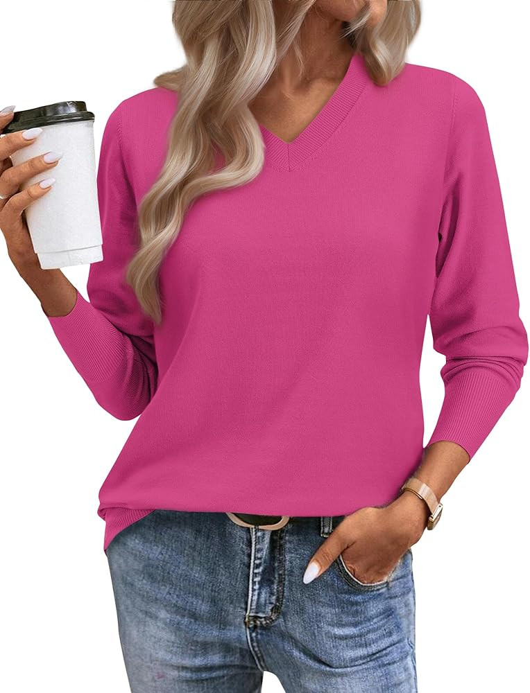 Women's Spring Sweaters 2026 Casual Long Sleeve Pullover V Neck Lightweight Sweatshirts Cute Blou... | Amazon (US)
