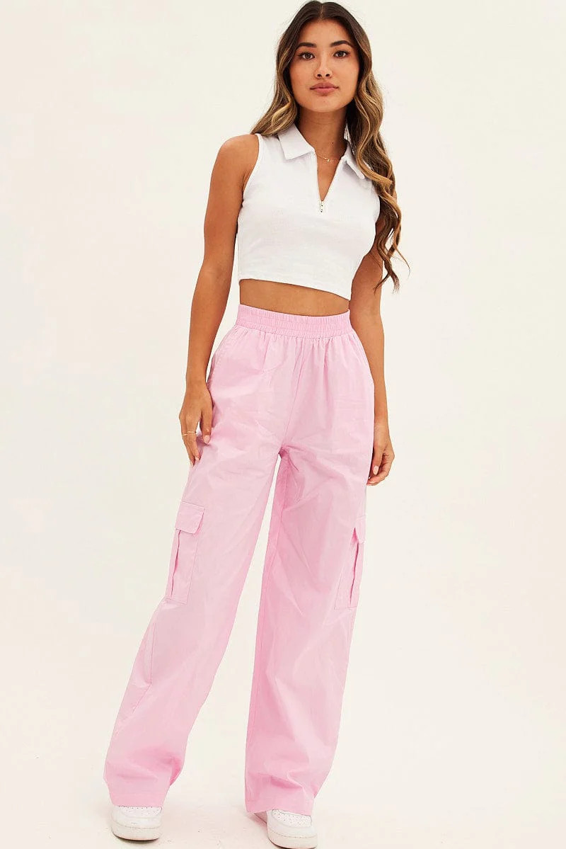 Pink Wide Leg Cargo Pants High Rise | Ally Fashion (US, Australia & New Zealand)