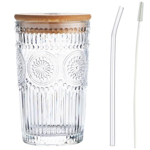 Baalaka Glass Cups with Lids and Straws, Glass Tumbler, 12 OZ Iced Coffee Cups, Drinking Glasses for Cocktails, Tea Cups with 1 Cleaning Brush | Amazon (US)