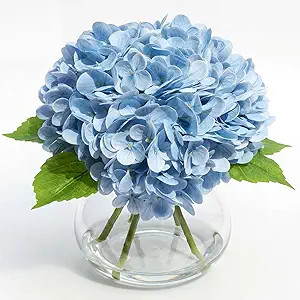 Blue Hydrangea Artificial Flowers with Vase, Latex Fake Hydrangeas Spring Stem Leaves Bouquet in ... | Amazon (US)