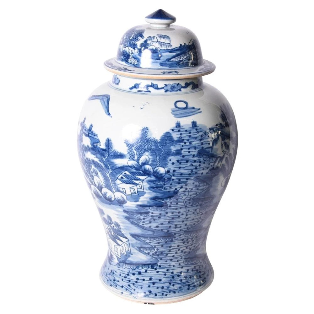 Analyn French Country Blue Landscape White Porcelain Decorative Ginger Jar | Kathy Kuo Home